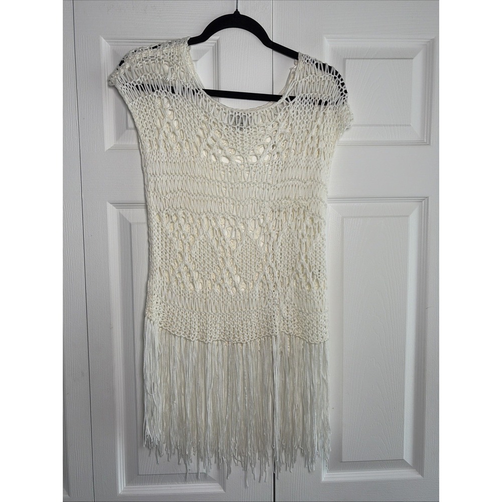 Hot Delicious Boho Crochet Fringe Tunic Womens Size M/L White Knit Festival Boho